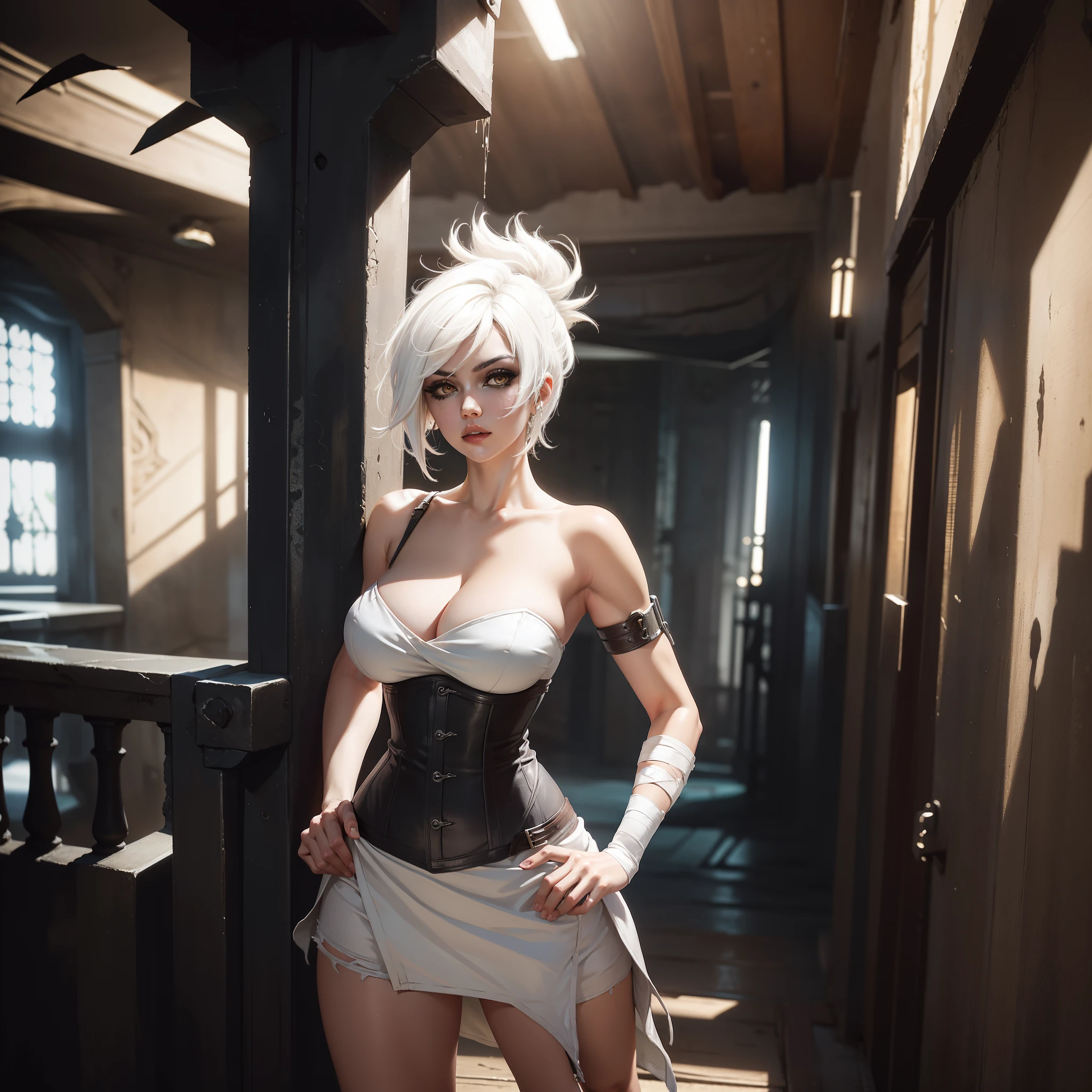 (Masterpiece:1.2), best quality, riven \(league of legends\), 1girl, short dress, corset, white hair, black eyeshadow, bare shoulders, hands on hips, upper body, potrait, huge breasts, breasts, wallpaper