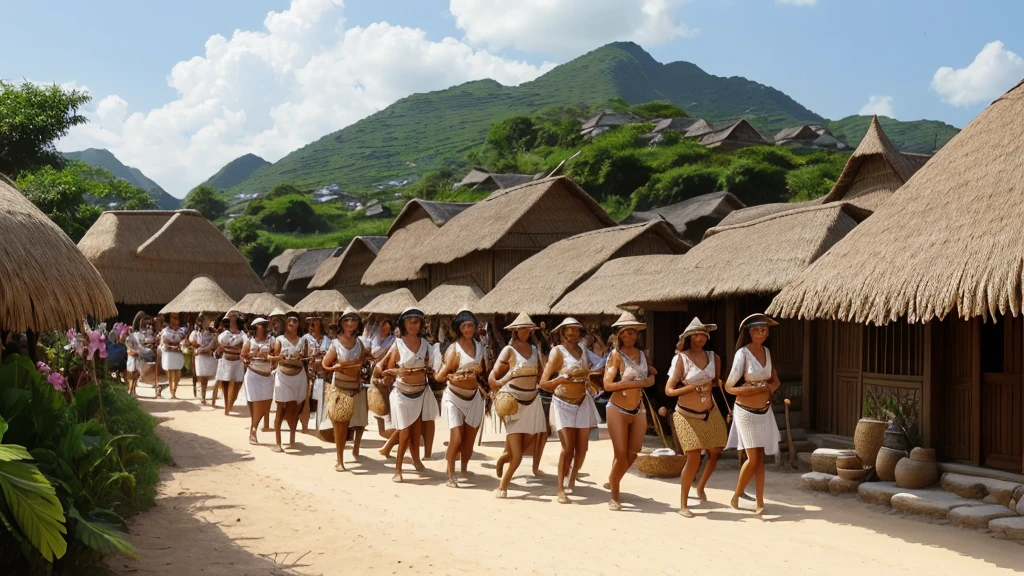 ((best quality)), ((masterpiece)), large crowd group of women wearing cream bikini tribe walking between thatched-roof houses. The background shows rows of houses or buildings whose roofs are made of natural materials such as straw or thatch, which gives the impression of a traditional village or settlement. The atmosphere of this image looks like a parade or special event involving many female participants.