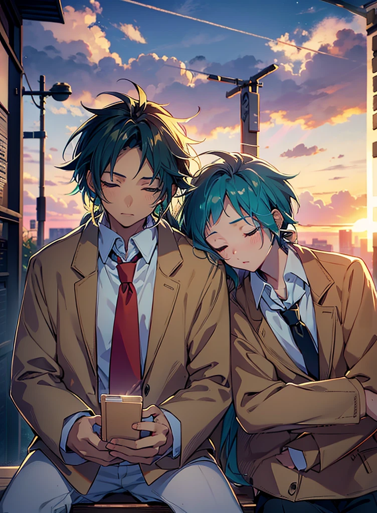 Two boys,Shoulder to Shoulder,Close your eyes,sleep,The person on the left has blond hair,The person on the right has dark blue hair,Blue-green school uniform,White shirt,Red tie,Black pants,Sitting on a bench,背景是Sunset,Sunset,sunset,美丽的Sunset,Sunset光影,Backlight,Correct warm lighting,8K,Correct human body,Detailed eye painting,illustration,Highest quality,Exquisite,Detailed face,Masterpiece,flat chest,Slim,young,16 years old,High-end,Hand Painted,Official Fanart, Visual novel, Anime style,Girly Romance, Produced by Anime Painter Studio,masterpiece, best quality, Sharp focus, Intricate details, Perfect, Golden Ratio Composition, 8K resolution, High resolution, fair, fair sky, Vibrant pastel colors, Vibrant colors