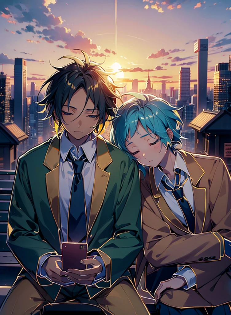 Two boys,Shoulder to Shoulder,Close your eyes,sleep,The person on the left has blond hair,The person on the right has dark blue hair,Blue-green school uniform,White shirt,Red tie,Black pants,Sitting on a bench,背景是Sunset,Sunset,sunset,美丽的Sunset,Sunset光影,Backlight,Correct warm lighting,8K,Correct human body,Detailed eye painting,illustration,Highest quality,Exquisite,Detailed face,Masterpiece,flat chest,Slim,young,,High-end,Hand Painted,Official Fanart, Visual novel, Anime style,Girly Romance, Produced by Anime Painter Studio,masterpiece, best quality, Sharp focus, Intricate details, Perfect, Golden Ratio Composition, 8K resolution, High resolution, fair, fair sky, Vibrant pastel colors, Vibrant colors