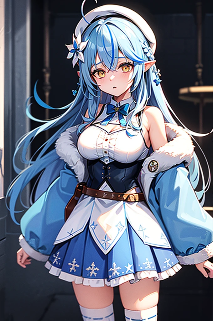high resolution Highest quality lamy, long hair, streaked hair, ahoge, braid, beret, white headwear, hair flower, blue bowtie, cleavage, clothing cutout, white shirt, off shoulder, sleeveless, black corset, blue coat, snowflake print, fur-trimmed coat, open clothes, white thighhighs, brown belt, blue skirt, full body