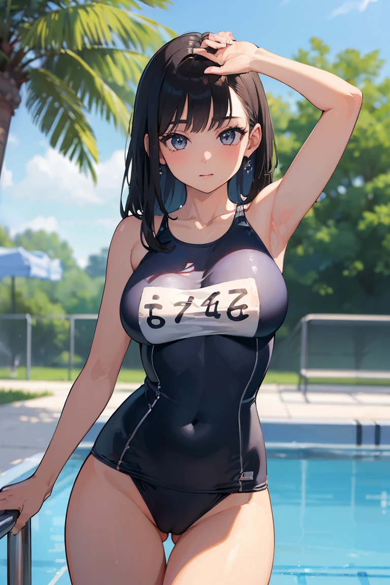 ((Best Quality, 8K, ultra-detailed, Masterpiece: 1.3)), 1girl, shiny skin, sharp, Perfect Body Beauty, realistic shaded perfect body, ("school swim suit, transparent_pussy":1.2),big_breasts ,(dynamic pose:1.1), thigh , cute , pool side
