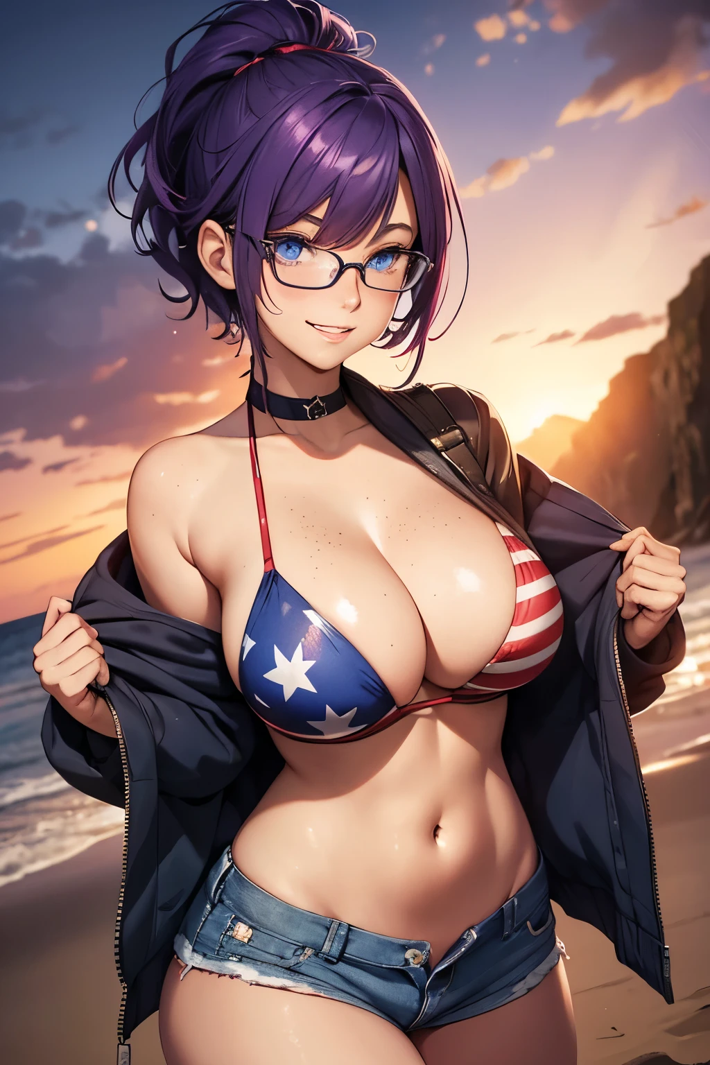 Beautiful young , 1girl, purple hair, blue eyes, extremely short hair, freckles on face, happy, smiling, blushing, thin frame eyeglasses, thick lips, full lips, huge breasts,e cleavage, deep , very thin bodcan Flag bikini top, tiny jean shorts, heart shaped choker, high heels, perfect anatomy, beach background, American Flag, detailed background, fireworks, ultra-detailed, 4k, 8k, best quality, masterpiece