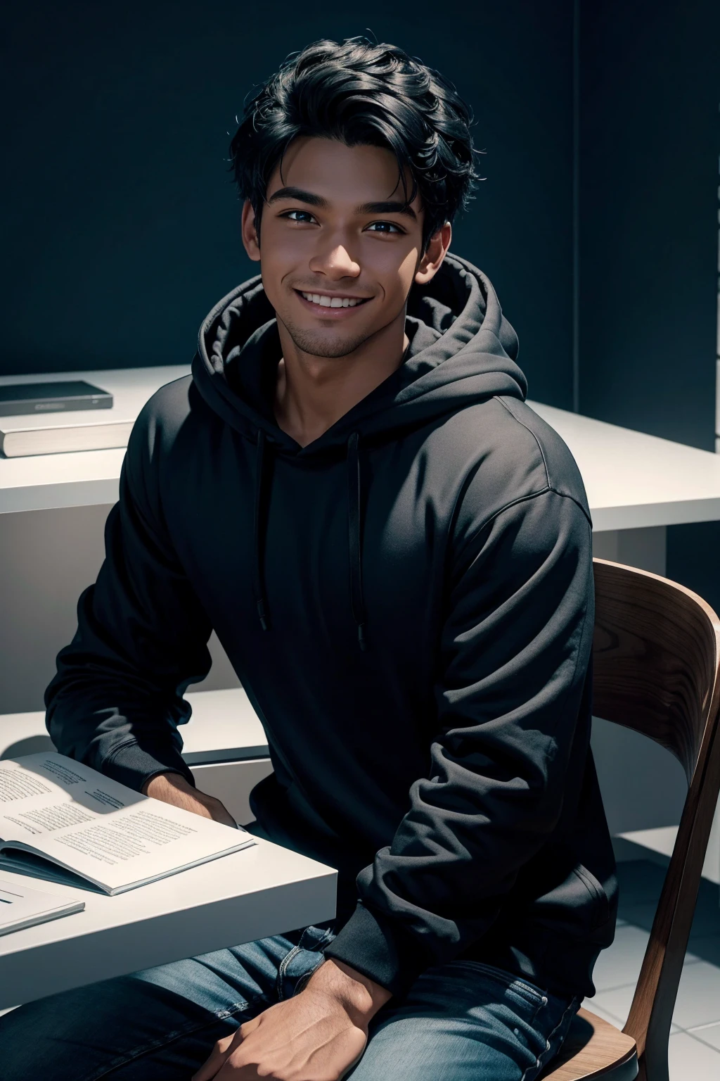 PNg render of a young man sitting at a modern marble desk looking into the camera, the man is wearing a dark hoodie, filmmaker neaon blue background cruffy short black hairn hands on table, clear skin texture, cinematic, warm, soft, lighting, close portrait, smiling, 24MM Lens, F/1.4, Ar 9:16, in the style of a disney pixar character