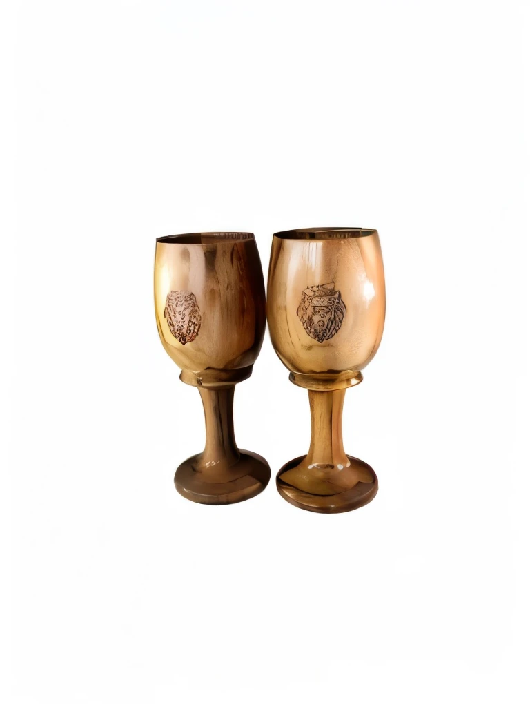 pair of wooden wine glasses with a lion head on the side, wood cups, wine, Surreal glass goblet, Beer mug, engraved, wine glass, king, wineglass, With wood details, Tambourine, overturned chalice, byIvan Ranger, vessel, Woodcarving, Synthetic, wine, 专业Woodcarving, Bear, 雕engraved, Mead