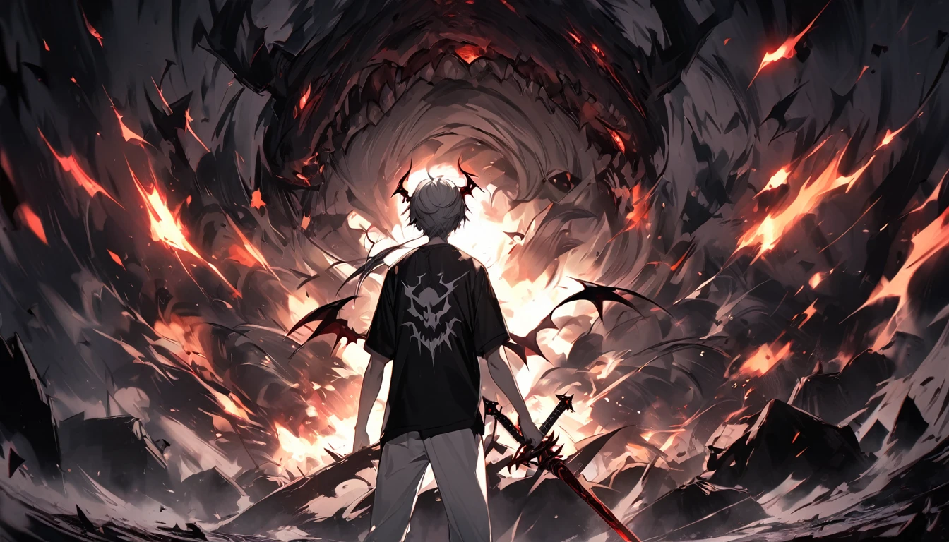 Gray Hair, Satanic, Demon King, boy, 8K resolution, explosion Satanic blackground, Scary background, Black T-shirt, White pants, Dark aura, sword