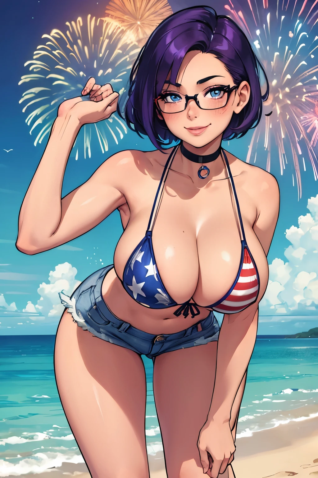 Beautiful young teenager, 1girl, purple hair, blue eyes, extremely short hair, freckles on face, happy, smiling, blushing, thin frame eyeglasses, thick lips, full lips, huge breasts, extreme cleavage, deep cleavage, very thin body, American Flag bikini top, tiny jean shorts, heart shaped choker, high heels, perfect anatomy, beach background, American Flag, detailed background, fireworks, ultra-detailed, 4k, 8k, best quality, masterpiece