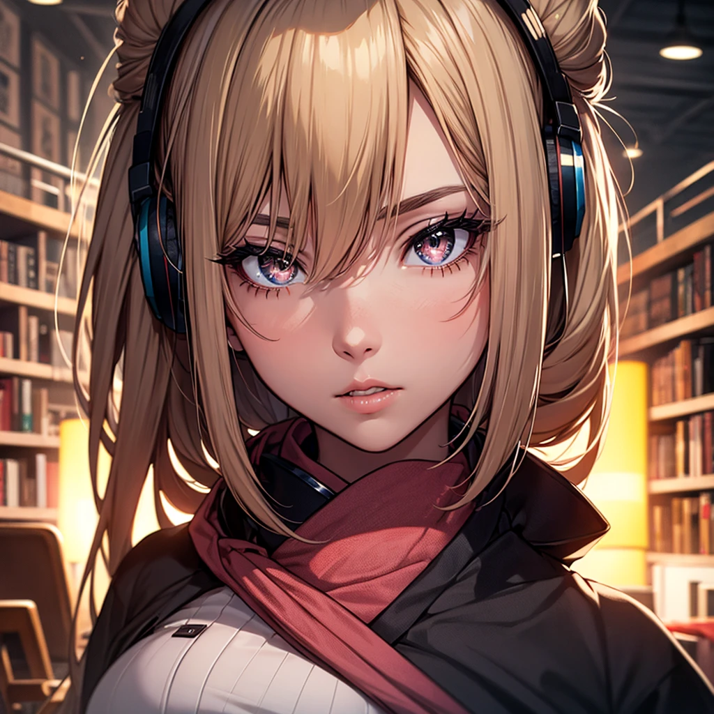 (1girl:1.3), Masterpiece, Best quality, amazing beauty, [[3D]], 4K, absurdres, finely detail, super detailed eye, perfect anatomy, official art, cinematic lighting, BREAK, Library, silky long hair, hair bun, blonde, super shiny detailed black eye, big eyes, sparkle(in the eyes), thick eyebrow, Gazing into the Distance, close-mouth, plump lips, Mascara, False eyelashes, pink lips, eyewear, Looks like fun, BREAK , big breasts, tall, slender, fair skin, sitting chair, full body, from front, BREAK , She has headphones on, BREAK,(kimono:1.3)Lo-fi,メガネ