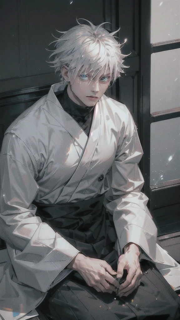 1 boy,rim light,looking_at_screen,masterpiece,best quality,solo,sitting in a traditional Japanese tea room, minimalist style, calmly sipping tea, natural light illuminating his stylish white hair with a hint of blue sheen, intense glowing blue eyes, serene expression, highest detail, best quality