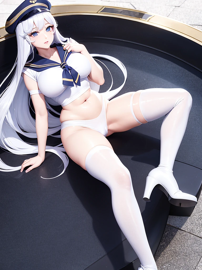 Sailor Beauty。Long hair。Beautiful face，big eyes，Double eyelids，Long eyelashes。Perfect body。White and tender skin。Full breasts，Thin waist。Hips，Long legs。military uniform，Plump thighs exposed。Boots。Boat-shaped military cap。