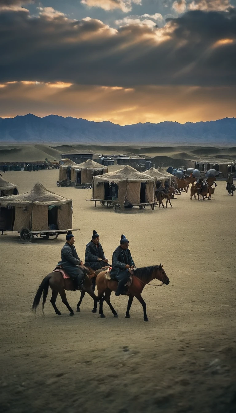 A bustling trade caravan on the Silk Road, under the protection of the Mongol Empire, background dark, hyper realistic, ultra detailed hyper realistic, photorealistic, Studio Lighting, reflections, dynamic pose, Cinematic, Color Grading, Photography, Shot on 50mm lens, Ultra-Wide Angle, Depth of Field, hyper-detailed, beautifully color, 8k