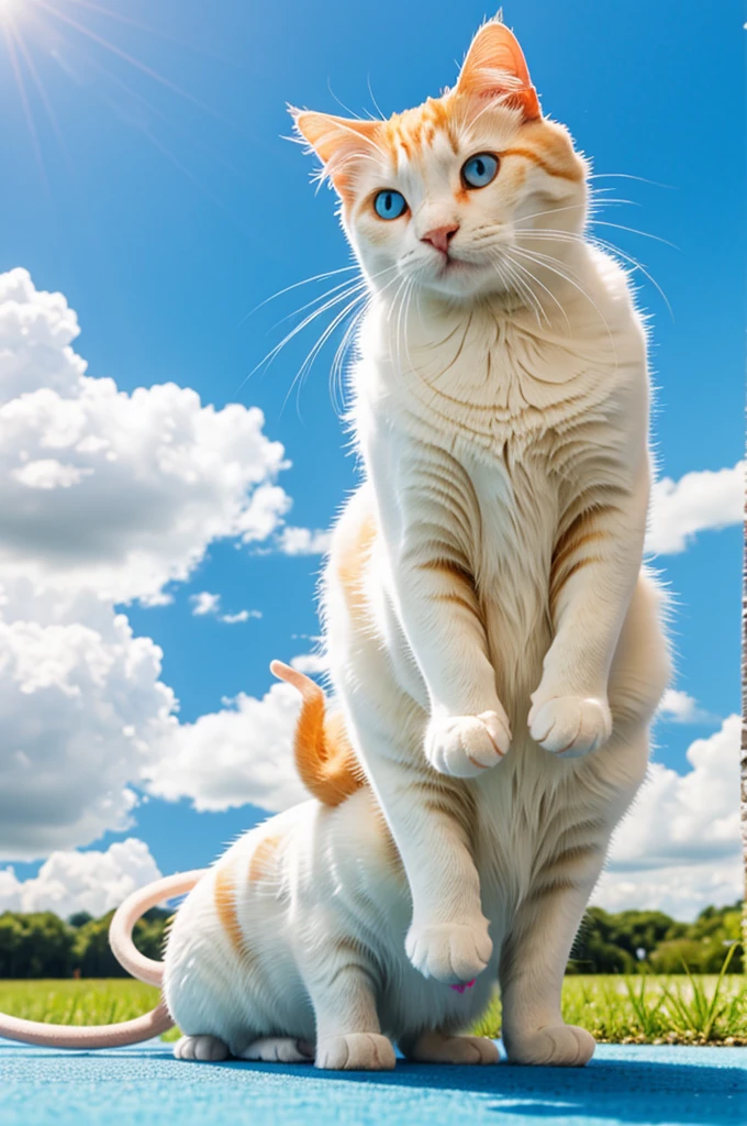 White orange cat playing with a mouse under blue sky