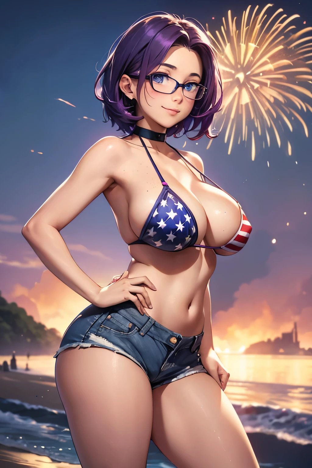 Beautiful young teenager, 1girl, purple hair, blue eyes, extremely short hair, freckles on face, happy, smiling, blushing, thin frame eyeglasses, thick lips, full lips, huge breasts, extreme cleavage, deep cleavage, very thin body, American Flag bikini top, tiny jean shorts, heart shaped choker, high heels, perfect anatomy, beach background, American Flag, detailed background, fireworks, ultra-detailed, 4k, 8k, best quality, masterpiece