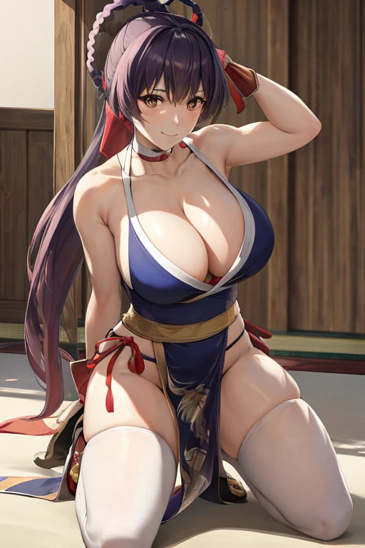 masterpiece, best quality, beautiful art, high resolution, well formed hands, body and fingers, 1 woman, solo, Xiangling, hair ornament, adult, grown up, big breasted, cleavage, full body, braided long hair, blue_japanese_clothes, wearing DOA Kasumi's blue kunoichi dress, sexy and skimpy japanese clothes, kimono peek, sleeveless, white stockings, gorgeous legs and thighs, fighting in a combat match, showing her fighting skills, making her guard, about to hit the viewer, looking at the viewer, sweating, bouncing breasts, smiling joyfully and brightly, being confident and proud, action and fighting scene, fighting cage on beach environment