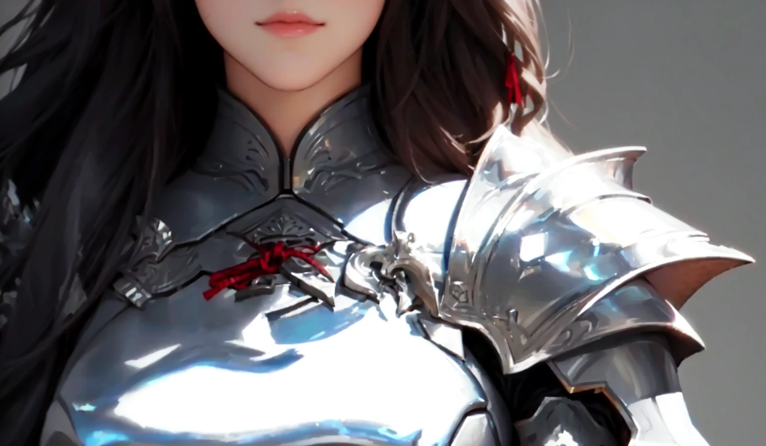 There was a woman in silver clothes,Holding a sword, Female Knight, Girl in knightly armor, Armor Girl, beautiful Female Knight, Realistic armor, Beautiful armor, of a beautiful Female Knight, photogenic details on armor, Lustrous white armor, female armor, The light from the armor, Detailed armor, Portrait of a Knight Woman, Close-up characters, Game CG, shiny plastic armor