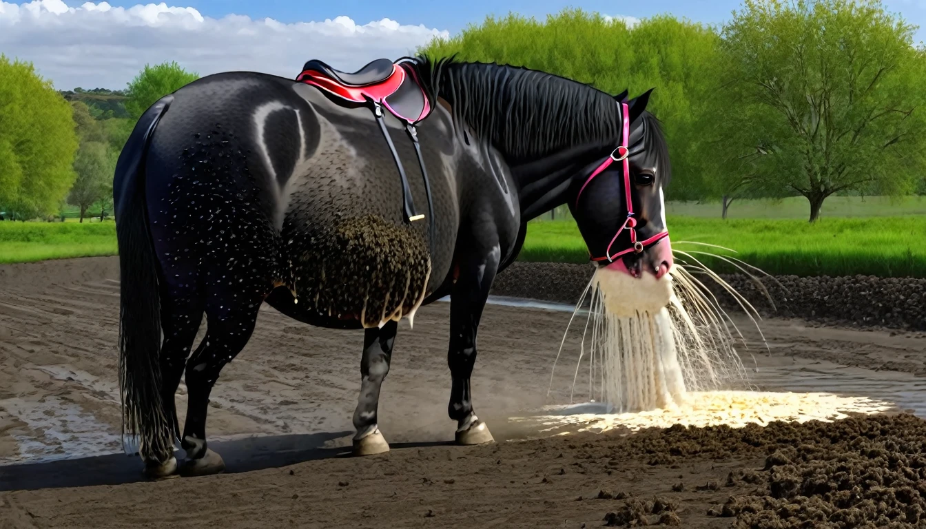 full rear view of a fat very hairy (1,200) (black:2) draft horse mare with 2 big lumps of horse dung (1,5) oozing out of rectum and anus at the centre of a big bum and sliding down legs. huge stream of light yellow urine pouring out of rectum flooding (1,80) the ground under horse. facing away from view point - towards horizon. open rectum and anus in full view tail to left side. ((masterpiece)), ((best quality)), ((highres)), ((extremely detailed)), (( long distance back view)), (super realistic) . anatomically correct. open field. bright sunny sky. (head(1,10), body, legs, hooves,(2.5)). 5 very large piles of horse dung around back of horse(1,20). horse ridden(1,5) by a BBW African(1,5) woman