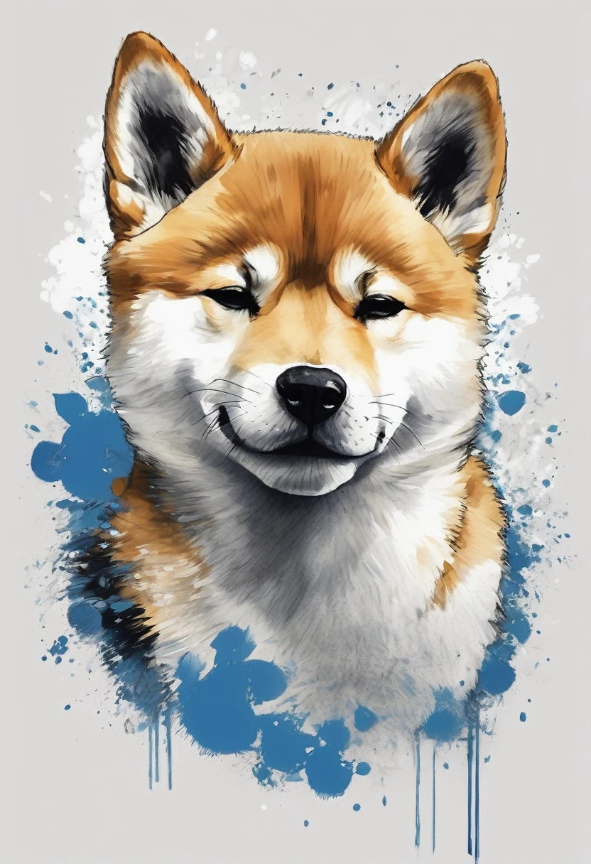 "Dynamic ink brushstroke style, black and white only: illustration by a professional illustrator, featuring a cute wolf pup or Shiba Inu, action shot, high detail, white background, sharp focus, full body, masterpiece, highly detailed, high quality, artistic sumi ink painting, Japanese style, icon, single animal. Please include a circular motif for an icon design. A sleeping Shiba Inu with very realistic fur depiction, surreal expression, artistic circular motif for an icon design. Features detailed whiskers, blue eyes, cheek whiskers, Japanese dog, Japanese-style design."