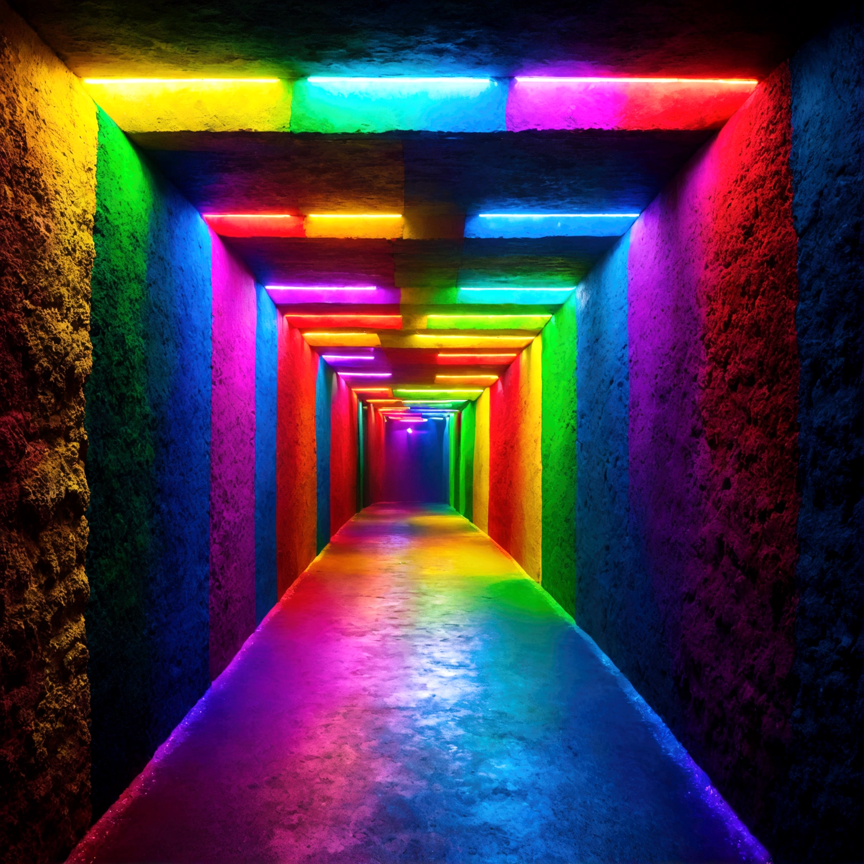 まるでテーマパークのAttractionsの中のような、カラフルでPOPなUnderground Passage!✨ On one wall、Red or blue、黄色のビビッドな色のblockが敷き詰められ、From the floor、キラキラLightる星形のsquirtが飛び出している。From the ceiling、キャンディのようにカラフルなハテナblockがいくつもぶら下がり、When you hit、Full of excitement, not knowing what will come out! In the back、Rainbow colorsのLightのアーチが見える。Beautiful game world, Fantasy, Mario, Underground Passage, block, squirt, ハテナblock, Rainbow colors, Light, fun, bright, POP, Attractions