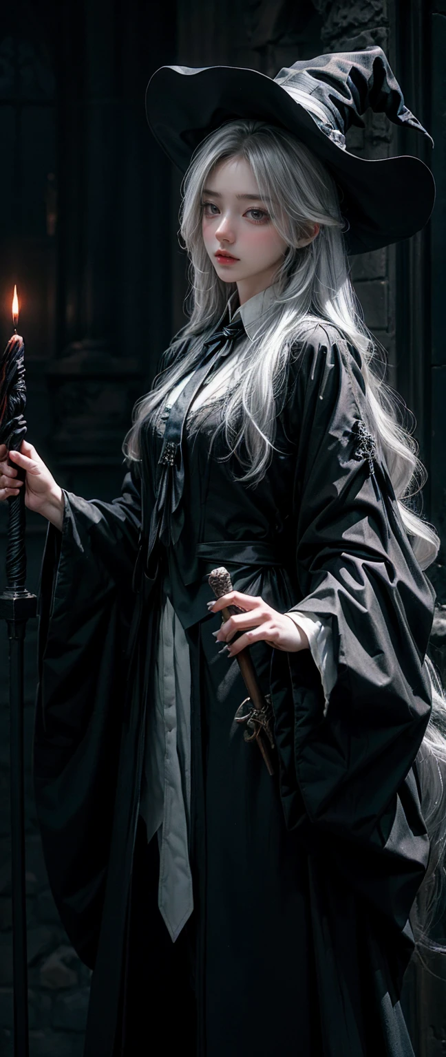 Witch Girl,long white hair,white hair,Black-blue witch ,Wear a blue-black striped tie., Holding a magic wand to cast spells ,Highest quality, Highest picture quality, high resolution, realistic, 8K, Highly detailed,In a small dark medieval room