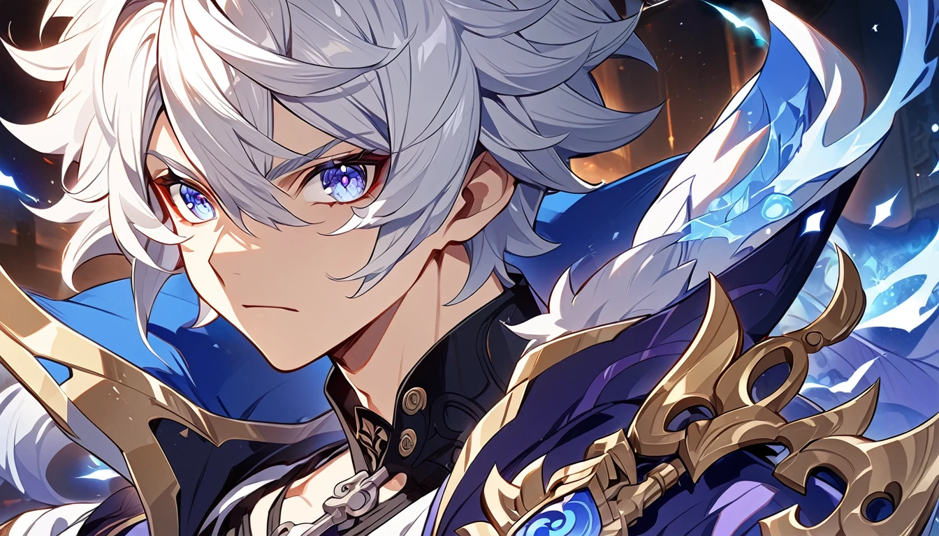 Close-up of a man,With eyes full of determination,handsome portrait,It has a manly taste,Man Gwitz,Guviz style artwork,White-haired God,Yang Jay,Guvitz on Pixiv Art Station。Anime character armed with a sword and blue light, Keqing from Genshin Impact Impact, 詳細なKey Anime Art, Handsome man in demon killer art, Genshin Impact impact's character, Detailed digital anime art, Genshin Impact, Key Anime Art, Detailed Anime Character Art, Amazing anime 8k, nagito komaeda, Spectacular artwork of anime, Anime fantasy illustration