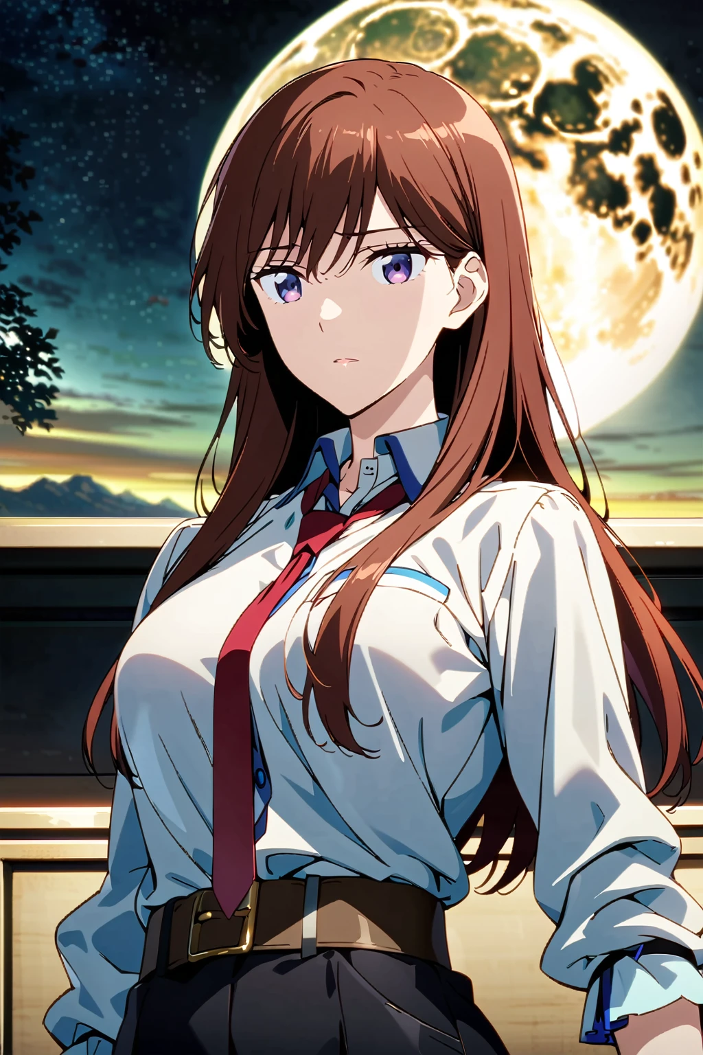 (超detailedなイラスト:1.2),超detailedなイラスト:1.2),Very delicate and beautiful,非常にdetailed,CG,Unity,8k wallpaper,wonderful,detailed,masterpiece,The best quality in the best condition,Official Art,非常にdetailed CG 8k Unbelievably ridiculous resolution,Beautiful and exquisite,High resolution,非常にdetailedな目と顔,Standing in front of the beautiful moon、Anime girl with long red hair and white shirt, kurisu makise steins gate anime, kurisu makise, Female Anime Characters, Female Action Anime Girl, Misato Katsuragi, Portrait of a female anime hero, Inspired by Ryusei Kishida, makise kurisu