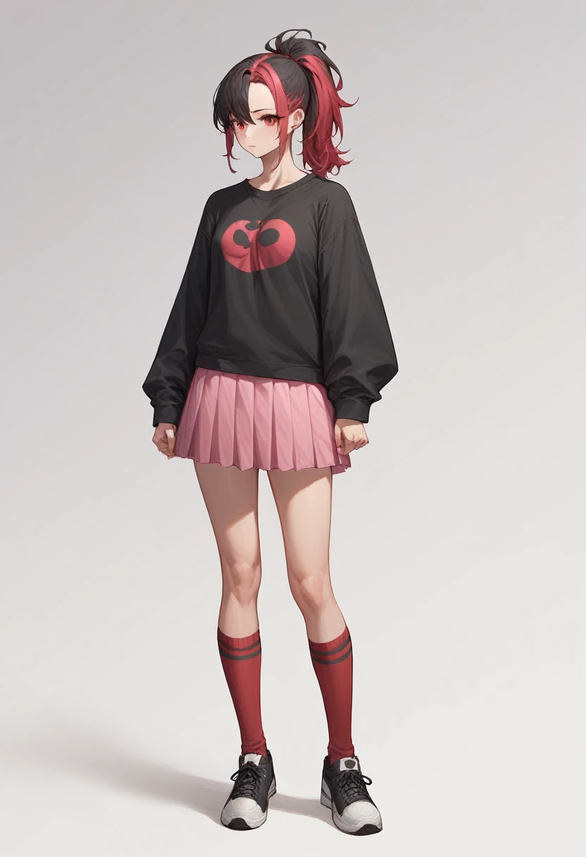 1 girl, dark cherry colored hair pulled back into a ponytail, red eye color, dark gray high socks, black sneakers, black sweatshirt, pink full skirt, White background, standing straight