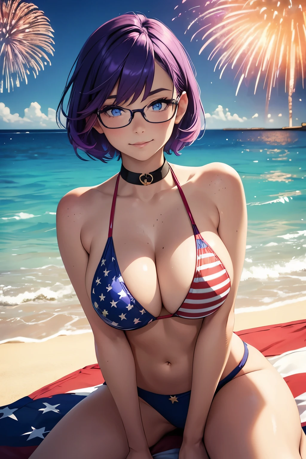 Beautiful young ager, 1girl, purple hair, blue eyes, extremely short hair, freckles on face, happy, smiling, blushing, thin frame eyeglasses, thick lips, full lips, huge breasts, extreme cleavage, deep cleavage, very thin body, American Flag bikini top, tiny jean shorts, heart shaped choker, high heels, perfect anatomy, beach background, American Flag, detailed background, fireworks, ultra-detailed, 4k, 8k, best quality, masterpiece