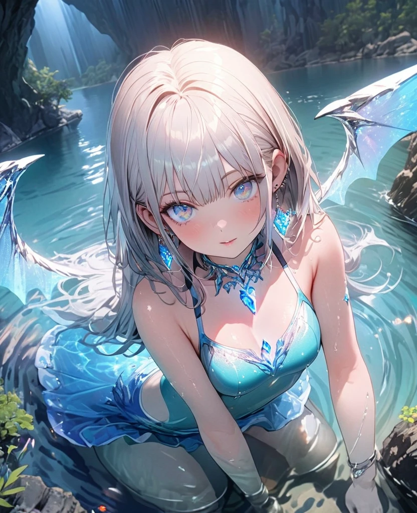 8K,gal，an extremely delicate and beautiful,Beautiful and realistic skin,Shiny jewel-like earrings,glowing tattoo,Long silver hair,beautiful eyes,whole body,beautiful regs,beautiful swimsuit, Shining brightly cave lake
