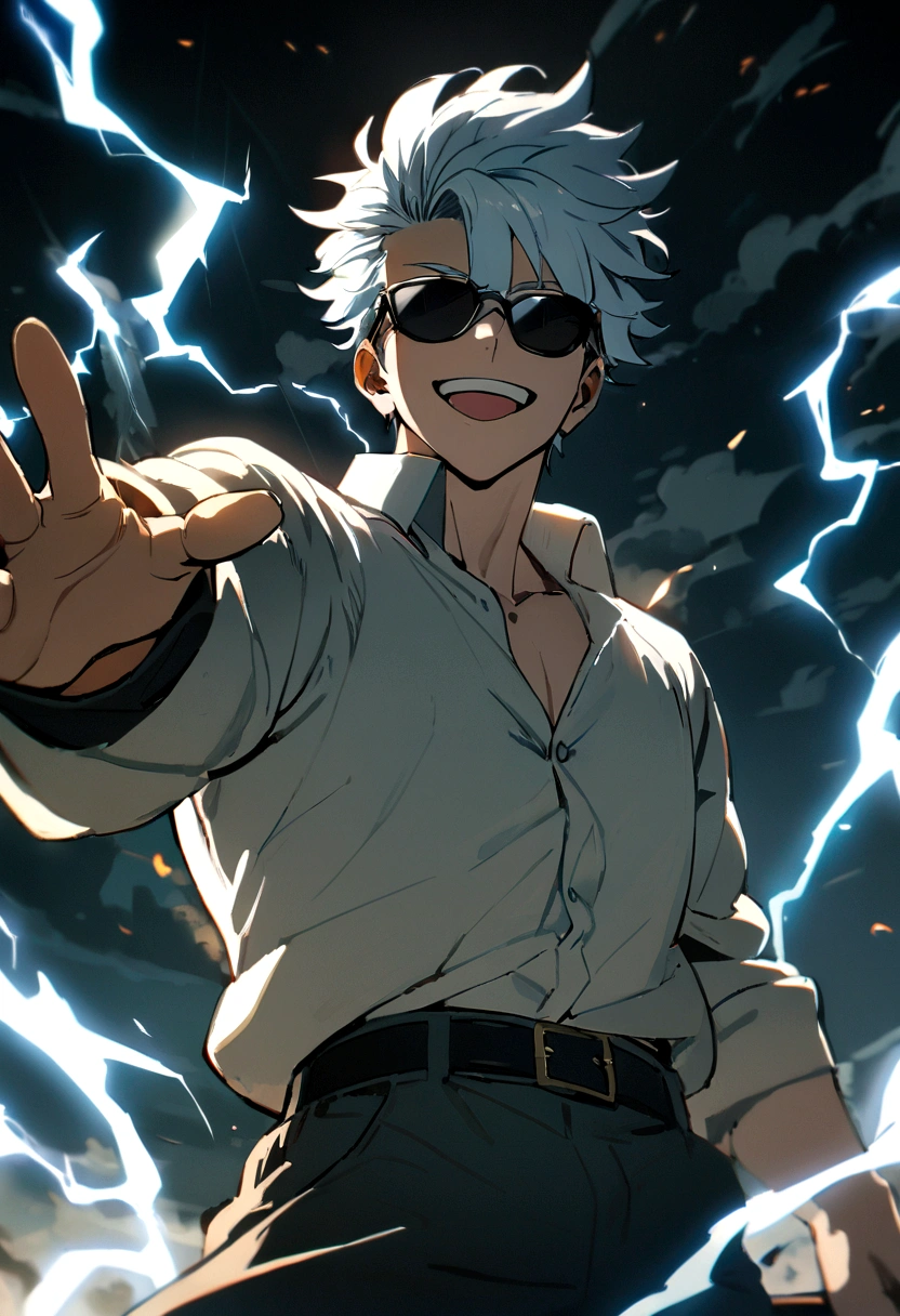 1 boy, male focus, satoru gojo, smile, masterpiece, electricity, sunglasses, 