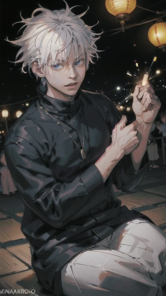 Gojo Satoru, solo, at a nighttime festival, vibrant style, surrounded by colorful lanterns, infectious laughter echoing in the air, blue eyes sparkling with amusement, white hair adorned with festival ornaments, highest quality, masterpiece, special moment: enjoying a brief respite from relentless battles.