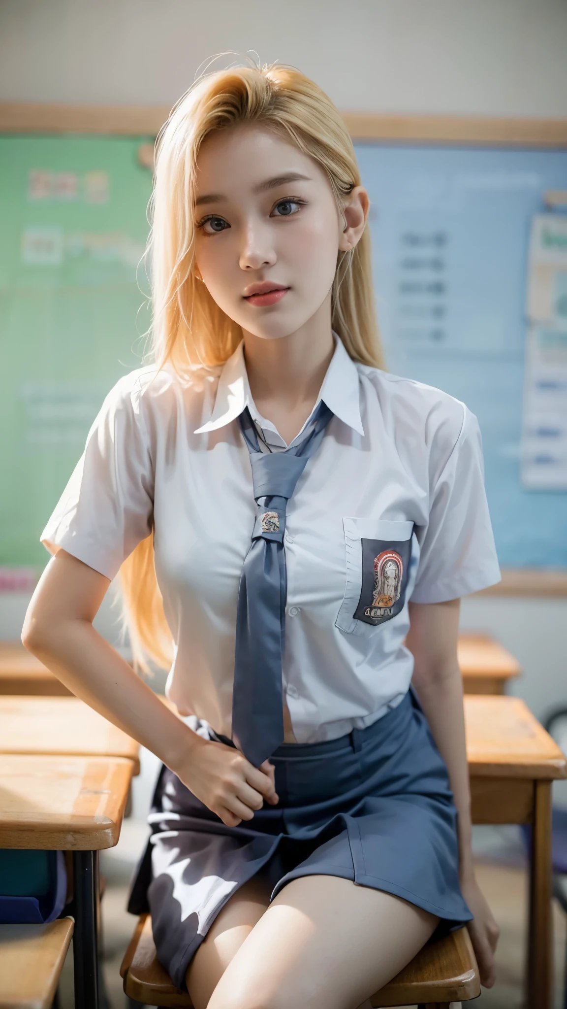 (pp clothes), (realistic), Yamanaka Ino, wearing a white Indonesian high school shirt, with a short gray skirt, wearing an Indonesian school tie, portrait of a cute school girl model, half body portrait, begroun in a school classroom, explain the details , beautiful face, blonde hair color, glowing white face, hijab colored pupils, teenager, body standing straight, situation pose in class, looking at the audience, RAW, Best quality, high resolution, work: 1.3), Young girl, displayed realistically, beautiful, posing facing the audience's camera, showing perfect facial details, friendly expression with a thin smile, in class, ((Indonesian middle school high school clothes)), clear short photo, high resolution, 4k, HDR, DSLR, 1girl , photorealistic, realistic, big breasts, ((half body)) facing towards the viewer, close up, classroom,anime characters, to real life, turn anime pictures into realistic photos. Get high-quality, photorealistic results from a truly detailed perspective. Perfect portrait, realistic, high quality, super detailed display, HDR, 8k