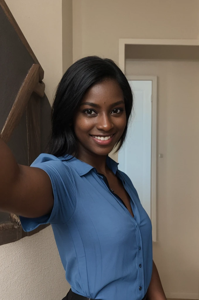 Asha, 1girl, solo, (((Ebony))), (((Dark skin))), (((SFW))), 30 years old, (mature), fully naked, capturing a selfie, taking a selfie shot, smiling, ((wearing a blue blouse))