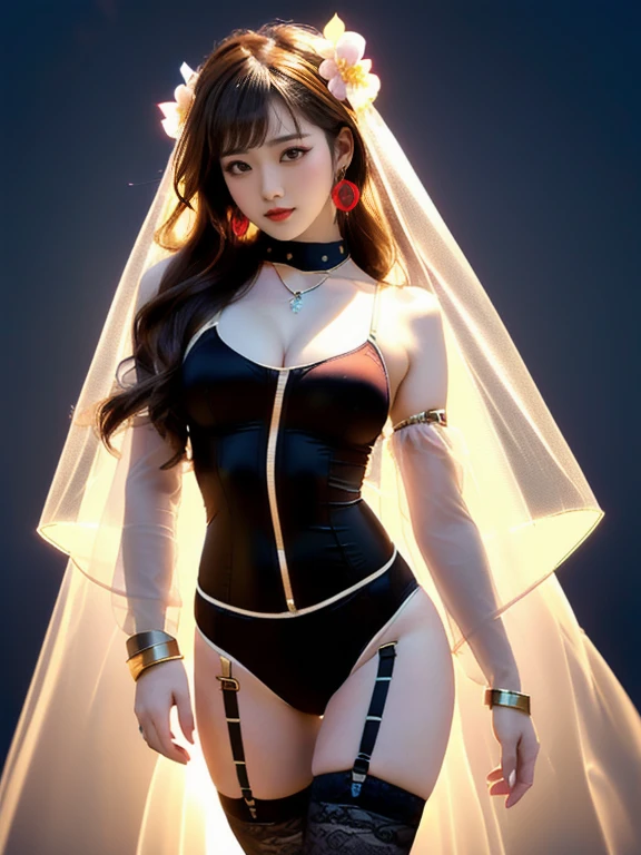 An Asian Chinese female model, (Night background), (8K Ultra HD, Digital SLR Camera, Soft Light, high quality, Volumetric Lighting, frank, photo, high resolution, 4K, 8K, Bokeh), ((Create stunning images of real girls), warm light, Dynamic poses, Elegant Posture, Cowboy lens, Full body front view, From the front，Be confident, Front of the body facing the camera, Standing posture facing the camera, Open your legs slightly, Golden Ratio Graphics, Minimalism), (Show a charming smile, Willow Leaf Eyebrows, big eyes, Apricot eye prick, Cherry Blossom, Balanced Eyes, Oval face, Pretty Face, Normal facial features, Skin is transparent and visible, Thin skin and tender meat, cosmetic, earrings, bracelet, necklace, Jewelry, veil, Hair accessories), (Brown hair, Wavy curly hairstyle, Waist-length hair, Messy Hairstyle, Gradient hairstyles, Cyberpunk hairstyle), ((Transparent clothes：1.5), (Color of clothes:red),BDSM clothes, Mesh clothes, Transparent mesh one-piece swimsuit, Three-point bra with straps), (Sexy, Perfect breast shape, Teardrop-shaped chest shape, Snow-white breasts, very detailed breasts, 34E cup), (Super high waist clothes, Waist hollow,Camel toe, Levain), (Black buds, Sheer lace knee socks, 吊garter, Leg ring, garter, 腿部garter)