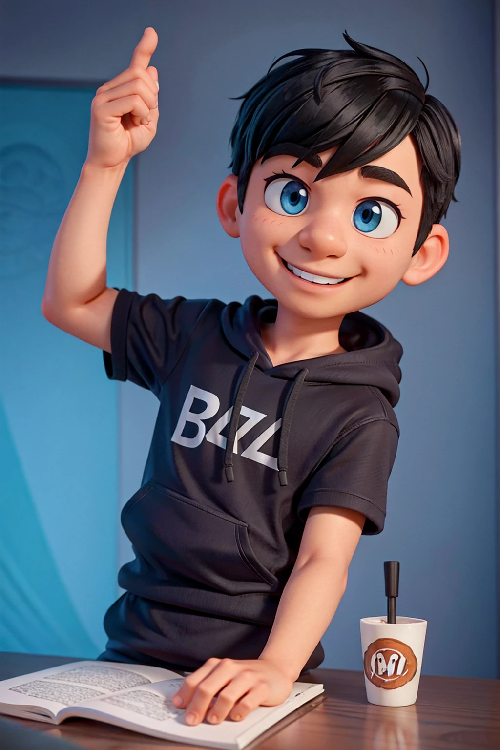 PNg render of a young man sitting at a modern marble desk looking into the camera, the man is wearing a dark hoodie, filmmaker neaon blue background cruffy short black hairn hands on table, clear skin texture, cinematic, warm, soft, lighting, close portrait, smiling, 24MM Lens, F/1.4, Ar 9:16, in the style of a disney pixar character