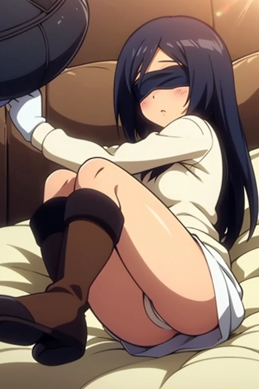 tennis girl's massive rear butt cheeks out of bottomless slutty mini sweater out bare and wet boots, showing her butt, lying down, on bed, wearing oven mittens under big pillow, blindfold