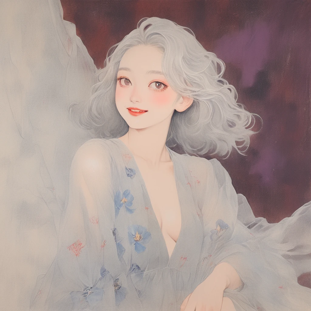 On a bright red campus"YES"Character、((Create), (top quality, masterpiece, outstanding work of art), (one young girl - 18 years old, nude, full growth, white hair, white skin, scarlet lips-smile; black, expressive playful eyes, long eyelashes), (black translucent - chiffon dress, gold line, very short peignoir dress), (very sexy body, seductive body, small beautiful breasts, genitals), (calm relaxed pose, hair fluttering in the wind, half turn, look at the viewer, stylish girl model)). ((Quality oil painting, outstanding craftsmanship, oil painting done by the hand of a master), (daylight, soft warm shadows, contrasting cold light, reflexes, refraction, tracing)). ((background - stunning blooming irises; (purple, yellow, blue, white), (petals, shoots)).((Highest quality workmanship, realism, oil painting, modern brushwork, master's hand, clear correct anatomy, grace, simplicity performance), (HD quality, clear focus)).