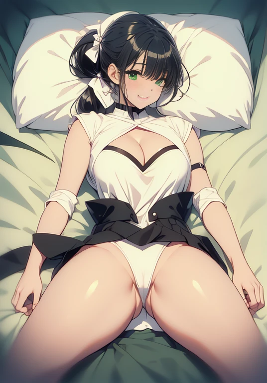 ponytail,masterpiece, Highest quality, Official Art,Open the legs fully、,  cutout, No , , 、 (Highly detailed CG Unity 8k wallpaper), Detailed Background, (The Hands of Guido Daniele: 1.1), The legs are detached from the frame, First Person View, 1, Attractive and perfect beautiful woman, Lying face down on the bed, close your eyes、Turn back, (Curvaceous), (((sleepy: 1.14))), (Stick your  out, White thighs: 1.12), ( Long black hair: 1.12), (Ahoge: 1.13), (ハイponytail: 1.12), (Green Eyes: 1.13), Behold the Beholder, big, (Cleavage), Beautiful Face, (blush: 1.11), (smile: 1.11)