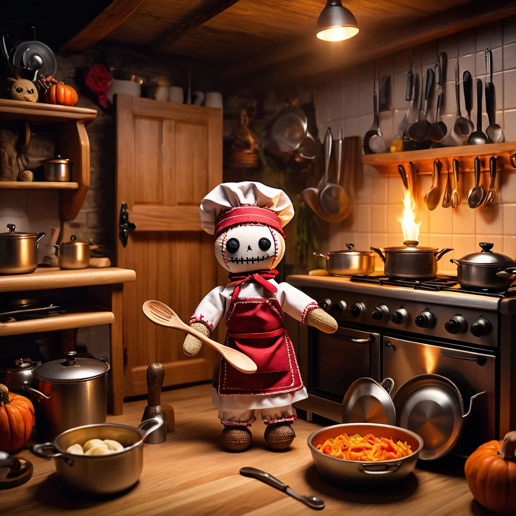 (knitted toy voodoo doll:1.5), (Voodoo Doll in a Kitchen:1.3), (Clothing: chef's attire with apron and hat:1.0), (Accessories: enchanted wooden spoon emitting a warm glow, floating cooking utensils:1.1), (background: cozy kitchen with a stove, pots and pans, and a welcoming atmosphere:1.2), best quality, masterpiece, detailed soft oil painting, detailed background, dramatic cinematic lighting, soft edge lighting, professional, dramatic lighting, hard edge lighting, ultra quality, 4k,masterpiece, best quality, 8k, ultra highres, highres, extremely detailed