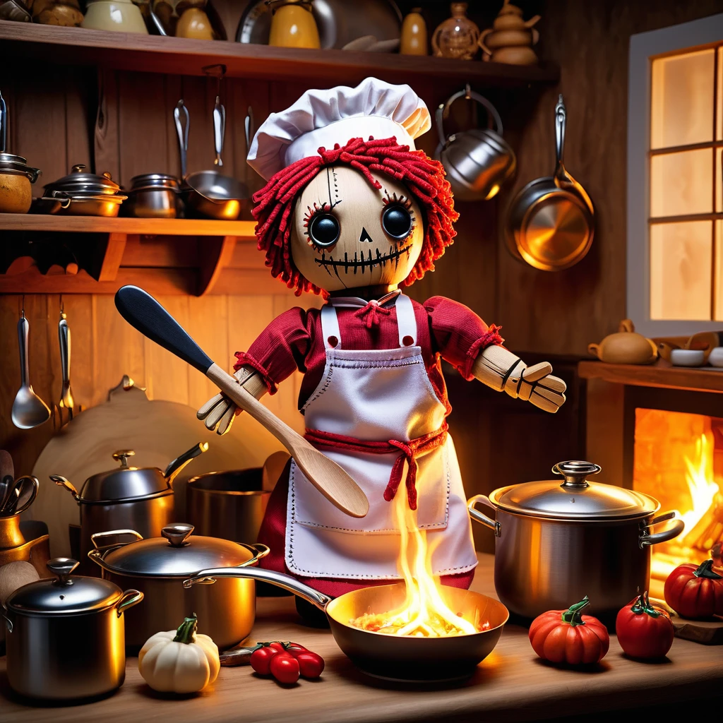 (knitted toy voodoo doll:1.5), (Voodoo Doll in a Kitchen:1.3), (Clothing: chef's attire with apron and hat:1.0), (Accessories: enchanted wooden spoon emitting a warm glow, floating cooking utensils:1.1), (background: cozy kitchen with a stove, pots and pans, and a welcoming atmosphere:1.2), best quality, masterpiece, detailed soft oil painting, detailed background, dramatic cinematic lighting, soft edge lighting, professional, dramatic lighting, hard edge lighting, ultra quality, 4k,masterpiece, best quality, 8k, ultra highres, highres, extremely detailed