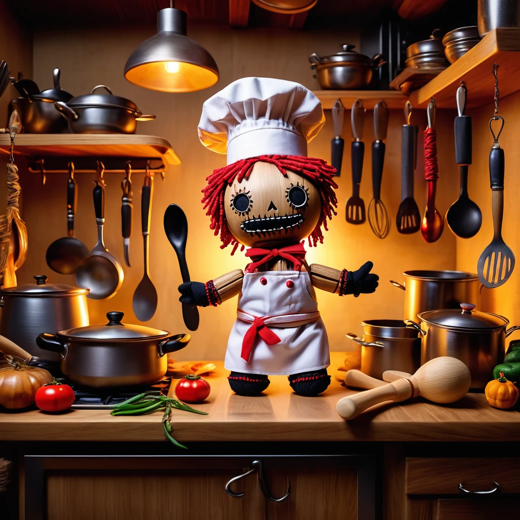 (knitted toy voodoo doll:1.5), (Voodoo Doll in a Kitchen:1.3), (Clothing: chef's attire with apron and hat:1.0), (Accessories: enchanted wooden spoon emitting a warm glow, floating cooking utensils:1.1), (background: cozy kitchen with a stove, pots and pans, and a welcoming atmosphere:1.2), best quality, masterpiece, detailed soft oil painting, detailed background, dramatic cinematic lighting, soft edge lighting, professional, dramatic lighting, hard edge lighting, ultra quality, 4k,masterpiece, best quality, 8k, ultra highres, highres, extremely detailed