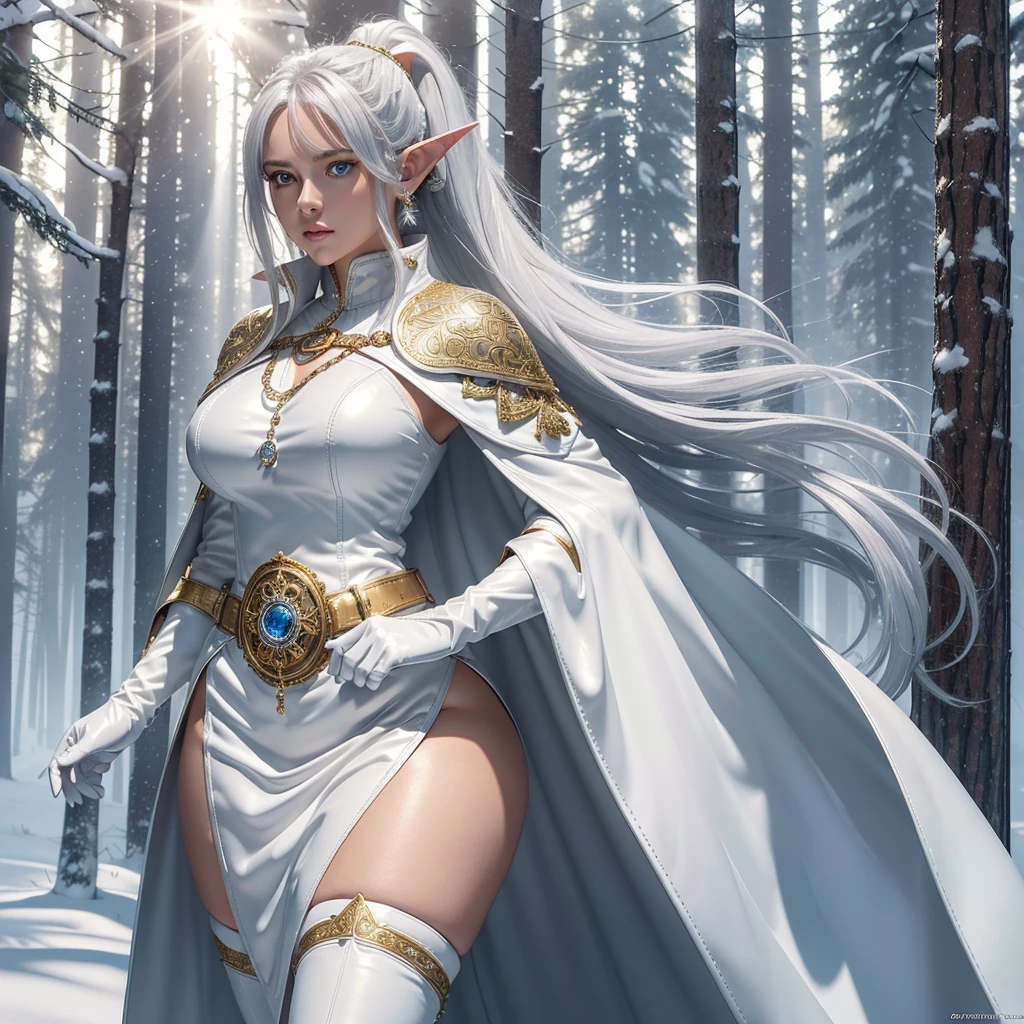 Realistic anime style image, (of a beautiful brown-skinned woman), ((cymetrical face)), ((Perfect beauty)), ((well-detailed blue eyes)), (long white hair tied in a ponytail) , ((long pointed ears)), ((sensual lips)), ((Big breasts)), ((Wide hips)),((thick thighs)), (She wears a white leather dress with a high collar, long sleeves and knee-length skirts, decorated with fine intricate details made in gold) (On her chest she wears a beautiful silver chain from which hangs a silver medallion decorated with fine intricate details), At her waist she wears a wide belt of silver chain, (on his back he wears a thick white leather cape with raised lapels decorated with fine silver details), (the cape is tied by two round silver brooches joined by a platinum chain, he wears thick white leather gloves on his hands , white low-heeled knee-length leather ankle boots, decorated with (beautiful intricate details made of gold), walking through a beautiful snowy forest of tall pine trees, on a sunny day with snow-covered ground, the sun's rays penetrate through of the treetops.. high definition image, high quality, 8k definition, volumetric light,