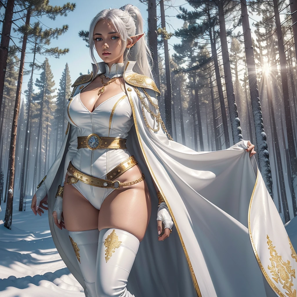 Realistic anime style image, (of a beautiful brown-skinned woman), ((cymetrical face)), ((Perfect beauty)), ((well-detailed blue eyes)), (long white hair tied in a ponytail) , ((long pointed ears)), ((sensual lips)), ((Big breasts)), ((Wide hips)),((thick thighs)), (She wears a white leather dress with a high collar, long sleeves and knee-length skirts, decorated with fine intricate details made in gold) (On her chest she wears a beautiful silver chain from which hangs a silver medallion decorated with fine intricate details), At her waist she wears a wide belt of silver chain, (on his back he wears a thick white leather cape with raised lapels decorated with fine silver details), (the cape is tied by two round silver brooches joined by a platinum chain, he wears thick white leather gloves on his hands , white low-heeled knee-length leather ankle boots, decorated with (beautiful intricate details made of gold), walking through a beautiful snowy forest of tall pine trees, on a sunny day with snow-covered ground, the sun's rays penetrate through of the treetops.. high definition image, high quality, 8k definition, volumetric light,