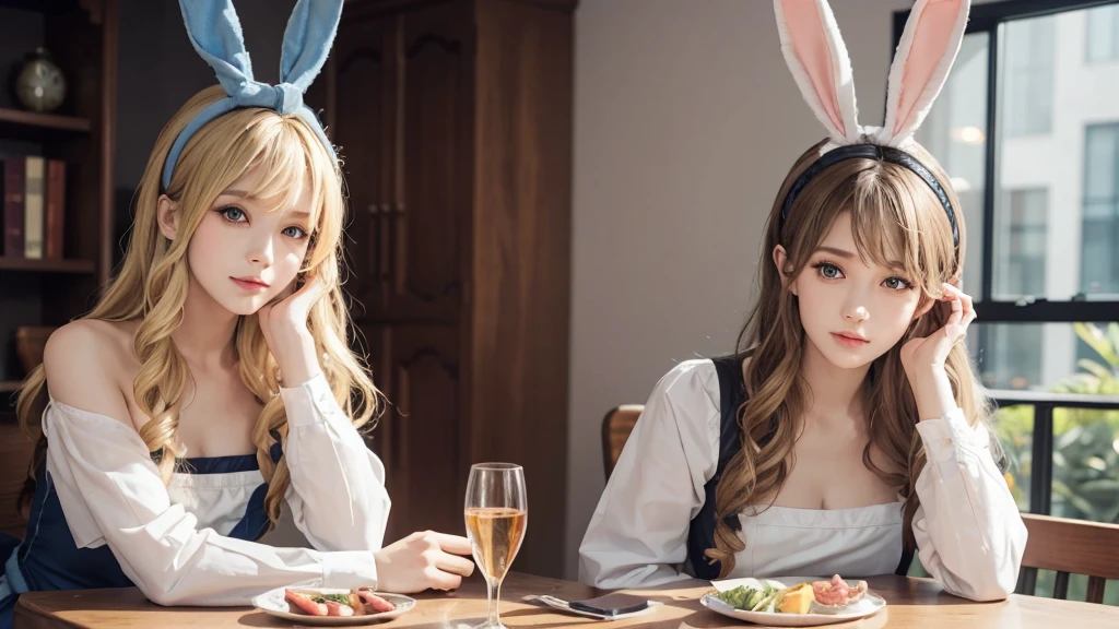 8K,best quality,On the table:1.2),(Practical,realism:1.37),Photograph the upper body,best quality,On the table,beautiful,Thoughtful expression,charming、Attractive appearance,Cute maid outfit,hair tied behind the head, blonde,blond,Long hair,curls,blue eyes,background, Light blue,Wearing a pink bunny ears headband,