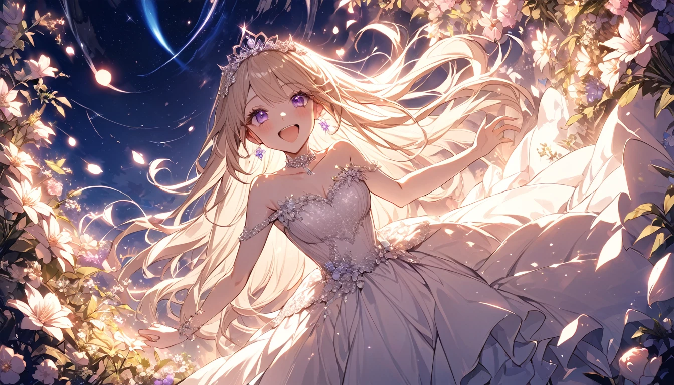 (Highest quality, masterpiece, Very detailedな, Very detailed, Exquisite, 16K,Full HD),A little closer,Dramatic lighting,pastel colour,moonlight, Soft lighting, ((alone:1.5)),From the side,Beautiful night sky,Starry Sky,meteor,From above,((head shot)),Wake up,Lots of flowers,The whole screen is surrounded by flowers.,(Crystal Forest),(Fairy Princess, Purple eyes, Long eyelashes,White skin,slim,pale pink plump lips,Pale pink cheeks, blonde,thin and long,(thin and high nose,Small Nose),(腰の少しFrom above巨大な妖精の羽),elegant,Flower Magic,Diamond Tiara,Diamond Earrings,Diamond Earrings,Diamond Choker,White ball gown dress with diamonds, Lace and frills,(Laughter), (Fantasy, Romantic atmosphere), Magic Light,