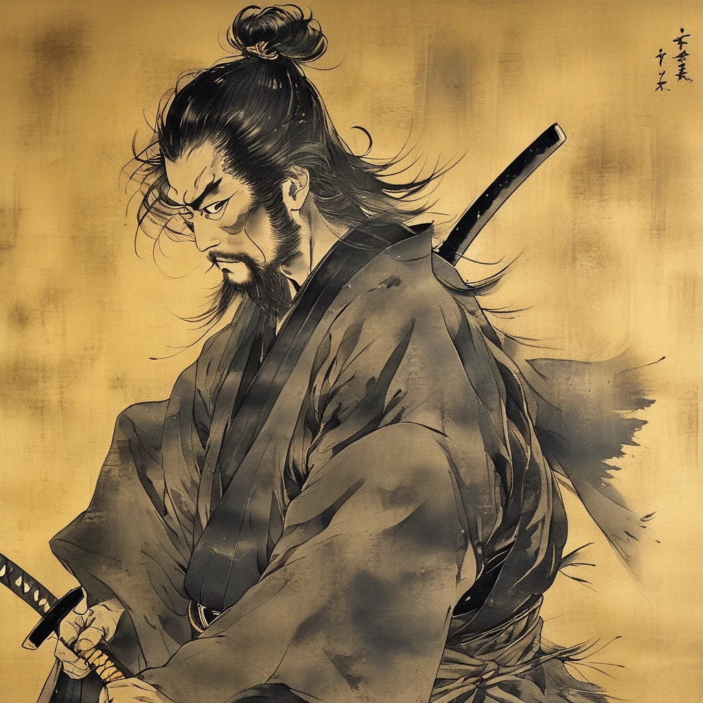 samurai wearing armor,black,Draw in black on a gold background,Japanese painting,draw with ink,Shades of black unique to sumi-e,A shading technique unique to sumi-e,he has someone important to protect,I&#39;m about to take on a life-threatening battle.,Expresses strong determination and will,A straight and beautiful sword:Traditional crafts:masterpiece:made in Japan,Metallic luster,masterpiece,Inheriting the spirit of Akira Kurosawa,cool,wonderful,used in a movie poster,professional works,The highest masterpiece,High resolution,moderate dirt,History and traditions、On a bright red campus"YES"Character、((Create), (top quality, masterpiece, outstanding work of art), (one young girl - 18 years old, nude, full growth, white hair, white skin, scarlet lips-smile; black, expressive playful eyes, long eyelashes), (black translucent - chiffon dress, gold line, very short peignoir dress), (very sexy body, seductive body, small beautiful breasts, genitals), (calm relaxed pose, hair fluttering in the wind, half turn, look at the viewer, stylish girl model)). ((Quality oil painting, outstanding craftsmanship, oil painting done by the hand of a master), (daylight, soft warm shadows, contrasting cold light, reflexes, refraction, tracing)). ((background - stunning blooming irises; (purple, yellow, blue, white), (petals, shoots)).((Highest quality workmanship, realism, oil painting, modern brushwork, master's hand, clear correct anatomy, grace, simplicity performance), (HD quality, clear focus)).
