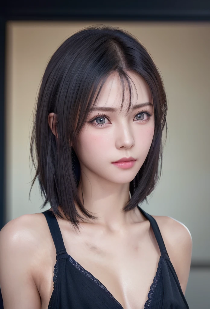 (masutepiece:1.3), (8K, Photorealistic, Raw photo, Best Quality: 1.4), (1girl in), Beautiful face, (Realistic face), (Black hair, Short hair:1.3), bikini of, Beautiful hairstyle, Realistic eyes, Beautiful detailed eyes, (Realistic skin), Beautiful skin, (Navy BL...