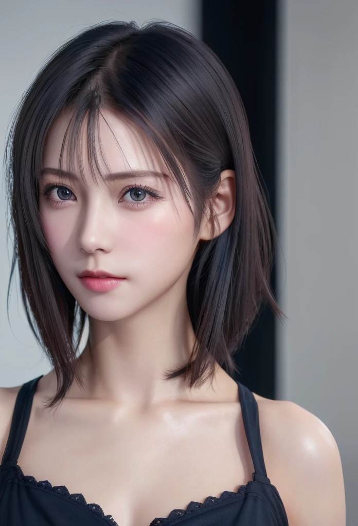 (masutepiece:1.3), (8K, Photorealistic, Raw photo, Best Quality: 1.4), (1girl in), Beautiful face, (Realistic face), (Black hair, Short hair:1.3), bikini of, Beautiful hairstyle, Realistic eyes, Beautiful detailed eyes, (Realistic skin), Beautiful skin, (Navy BL...