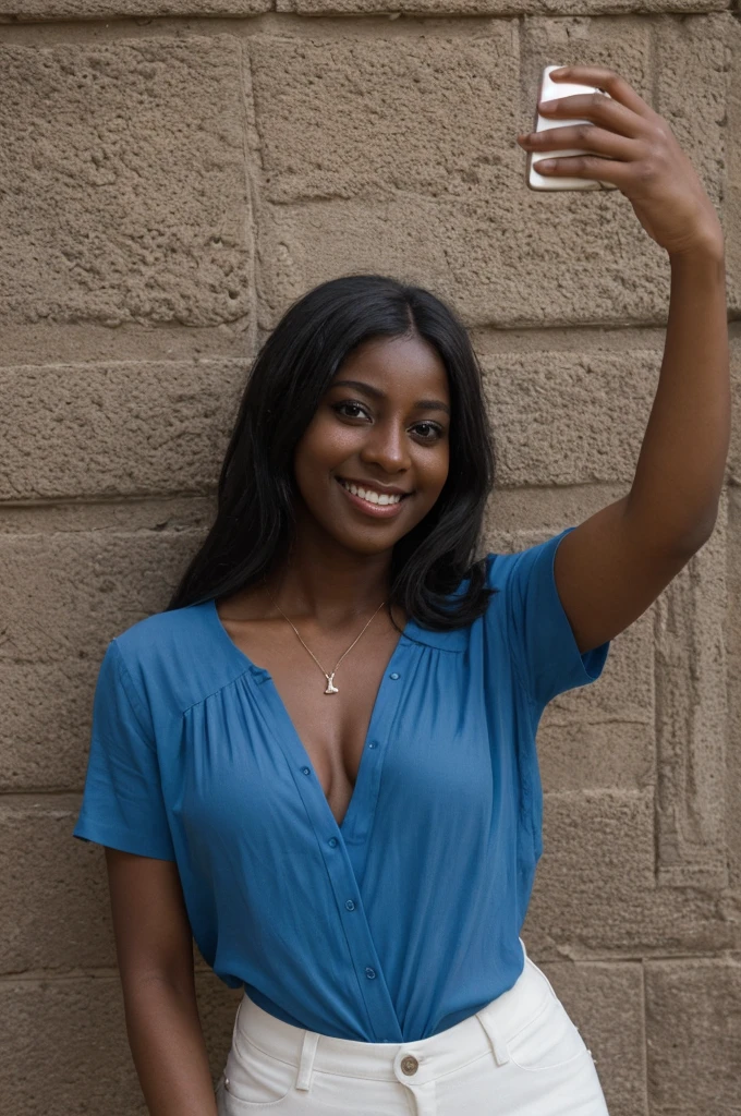 Asha, 1girl, solo, (((Ebony))), (((Dark skin))), (((SFW))), 30 years old, (mature), fully naked, capturing a selfie, taking a selfie shot, smiling, ((wearing a blue blouse))
