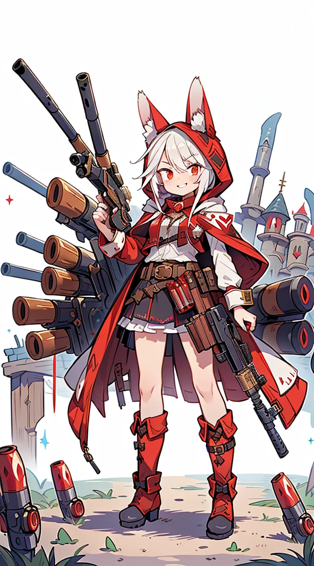 (masterpiece), Best quality, Fantasy art, 1 girl,One, a girl firing her long machine a gun in A magical land, white_hair, long hair, wicked, grin, smile, (red_hood:1.4), bunny ears, long coat, skirt, boots, (((ammunition belt))), a gun, bullet casing, machine a gun, Weapon, (A magical land:1.2), Castle