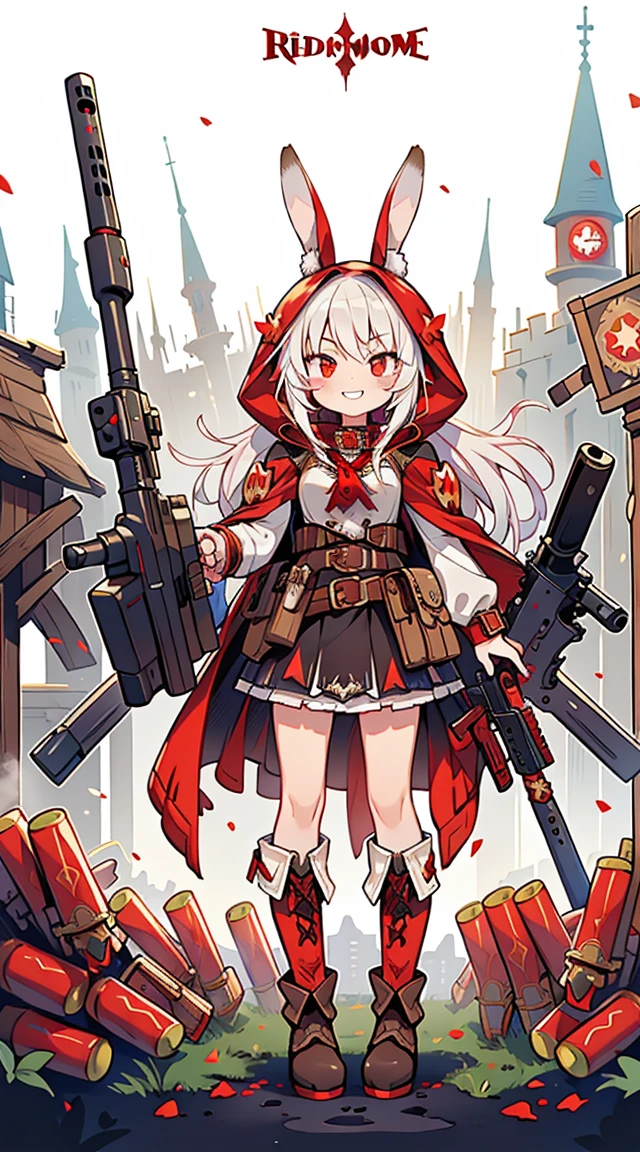 (masterpiece), Best quality, Fantasy art, 1 girl,One, a girl firing her long machine a gun in A magical land, white_hair, long hair, wicked, grin, smile, (red_hood:1.4), bunny ears, long coat, skirt, boots, (((ammunition belt))), a gun, bullet casing, machine a gun, Weapon, (A magical land:1.2), Castle